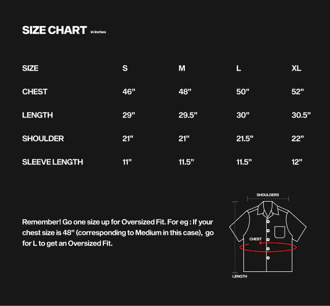 Size chart for Freedom Oversized Shirt inspired by AOT