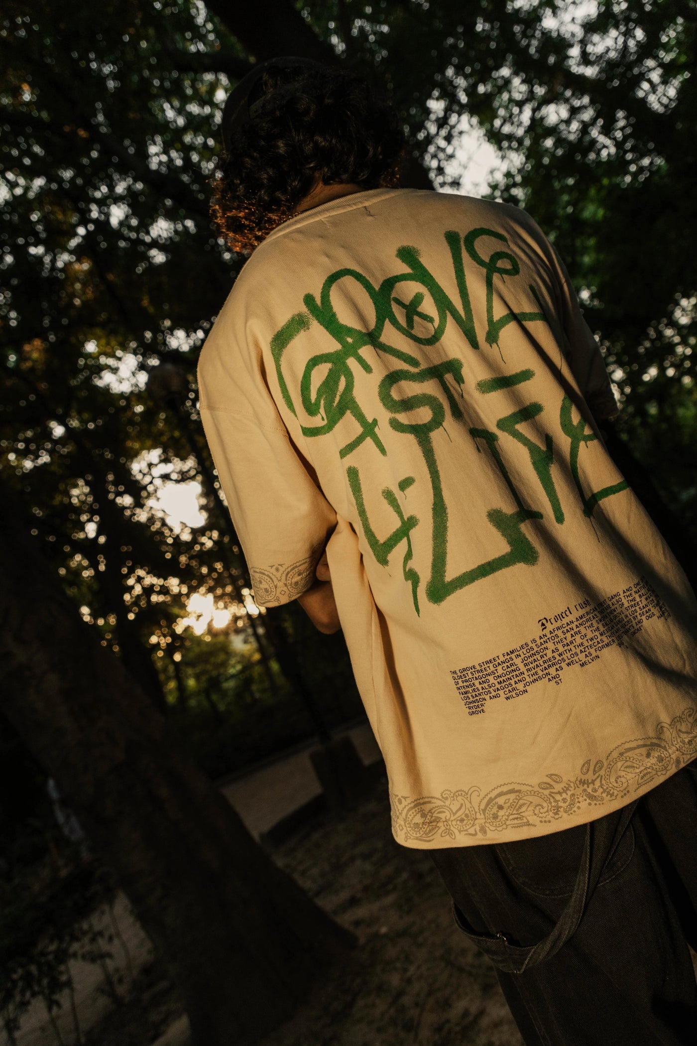 Person wearing a beige Grove Street T-Shirt inspired by GTA San Andreas with green text outdoors during sunset